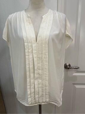 Joie Cream Pintuck V-Neck Silk Blouse
